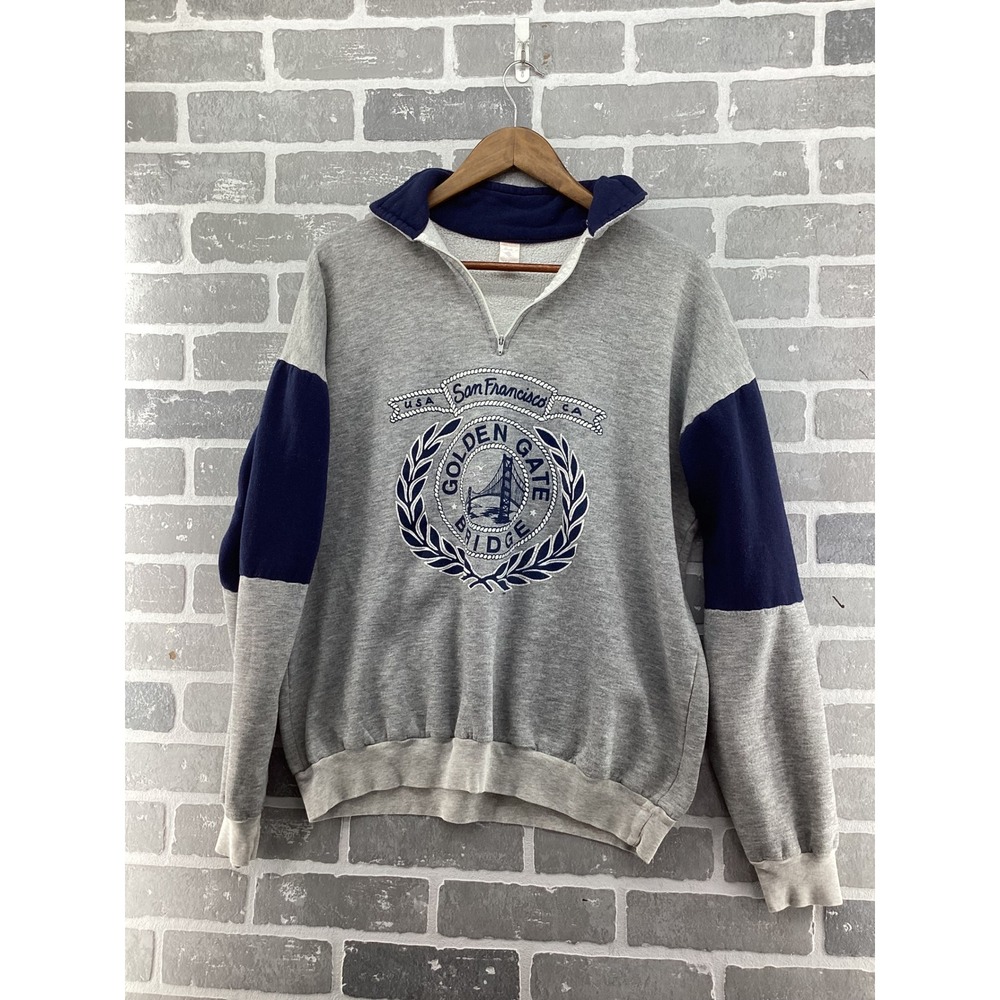 Vintage 90s San Francisco Golden Gate Bridge Quarter Zip Sweatshirt Gray Navy XL